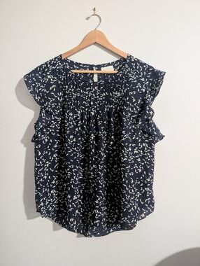 MELLODAY Women's Large Blouse, Dark Blue w/Light Tan Leaves